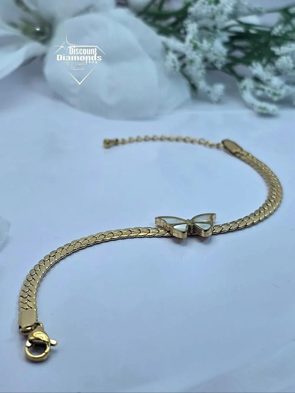 White Butterfly Snake Chain Ankle Bracelet on 18K Gold Titanium